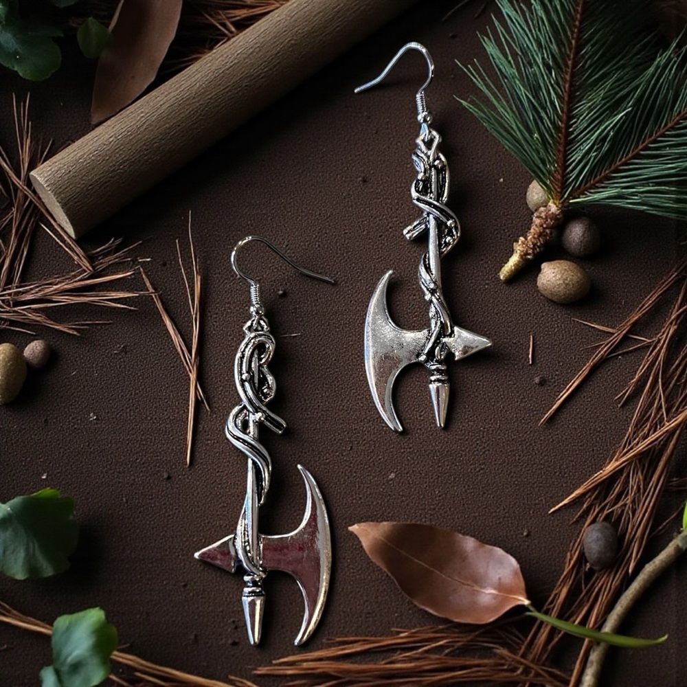 Silver Toned Battle Axe Earrings